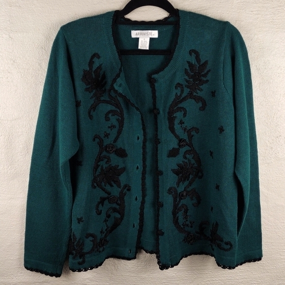 Arriviste Dark Green Embroidered Long Sleeve Button Front Cardigan Sweater - Picture 8 of 10